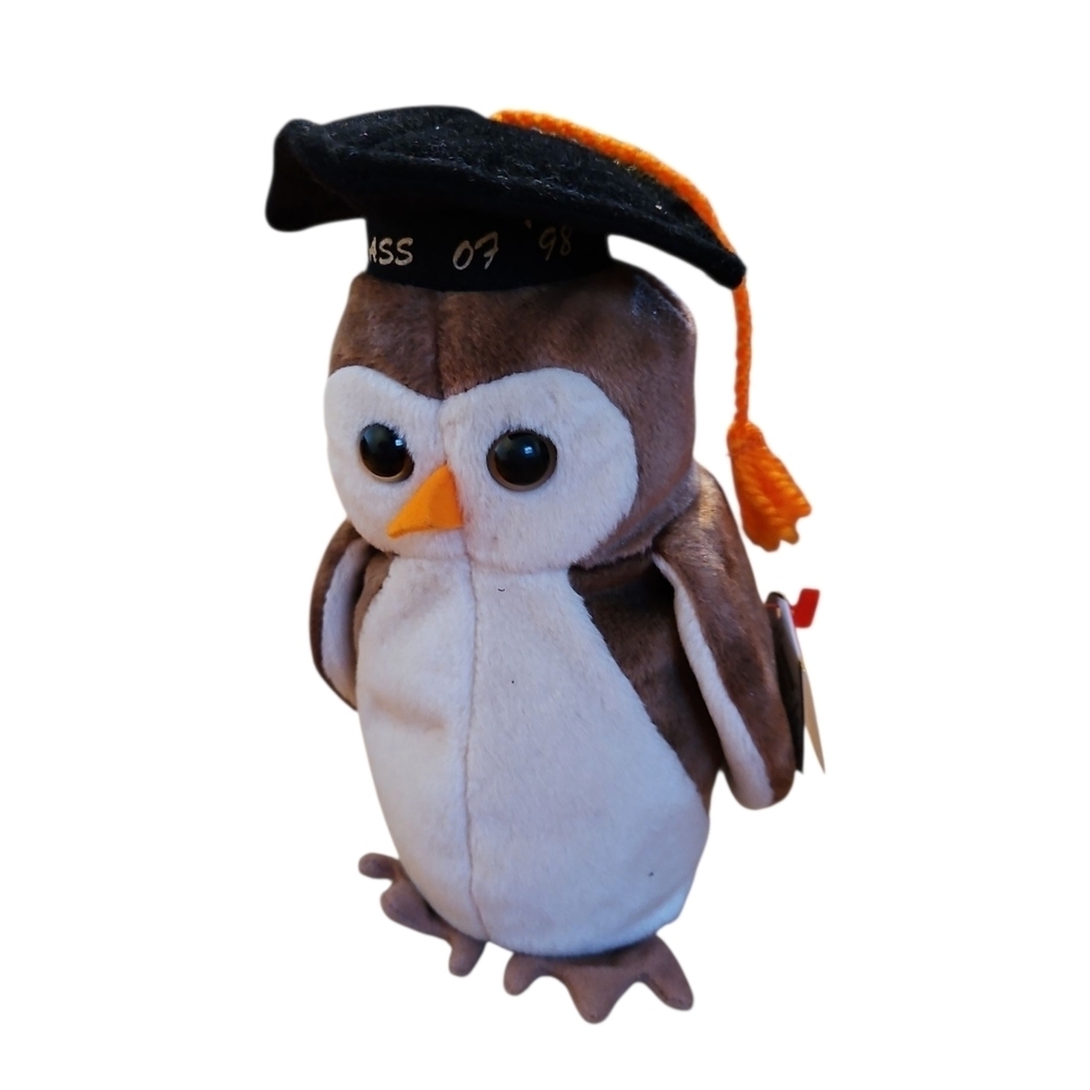 Ty Brown and White Owl Plush with Graduation Cap, Vintage 1998, NWT